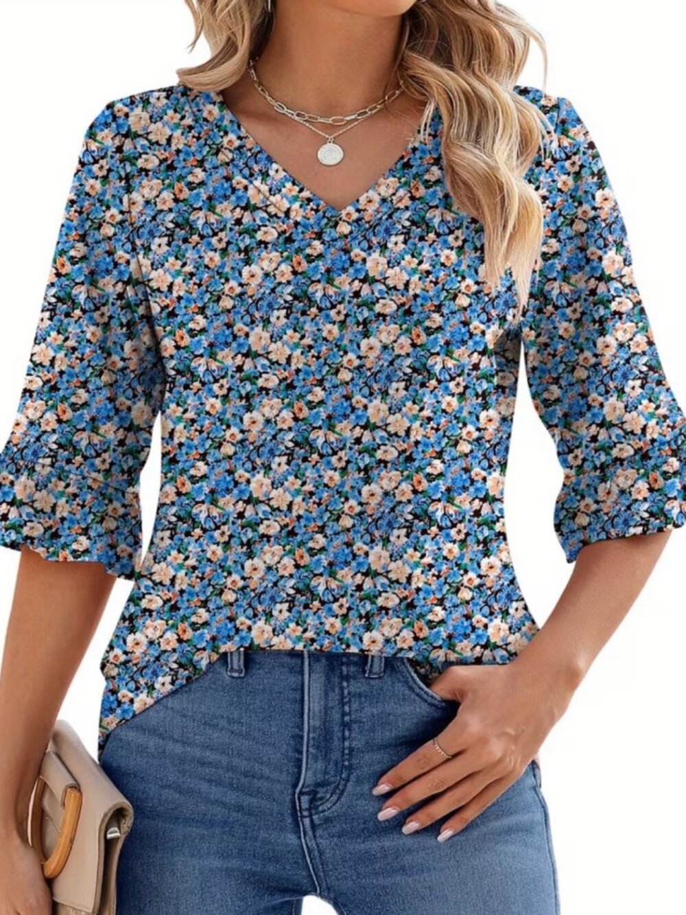 Floral Blouse Sz M Oversized Blue Ruffle bell sleeves V Neck Pullover